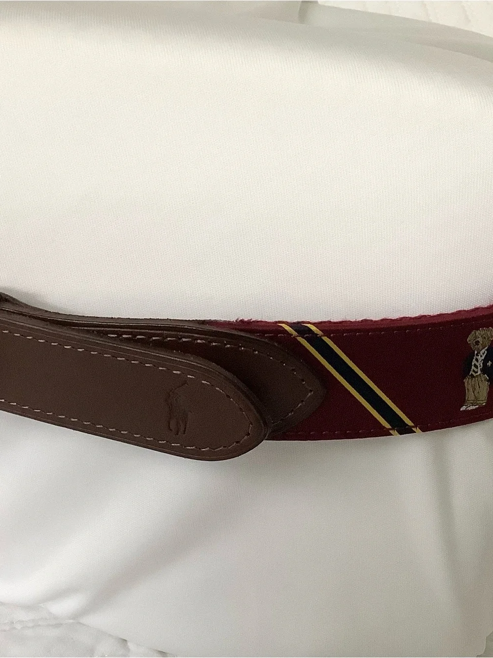 Polo by Ralph Lauren Burgundy Ribbon Belt with Navy and Gold Stripe